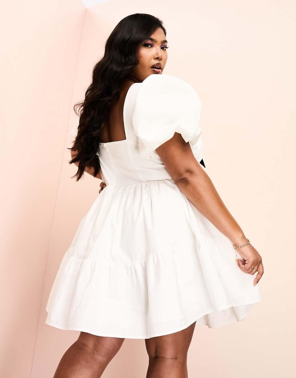 ASOS LUXE Curve corseted cotton poplin mini dress with contrast velvet pussybow and puff sleeve in white Product Image