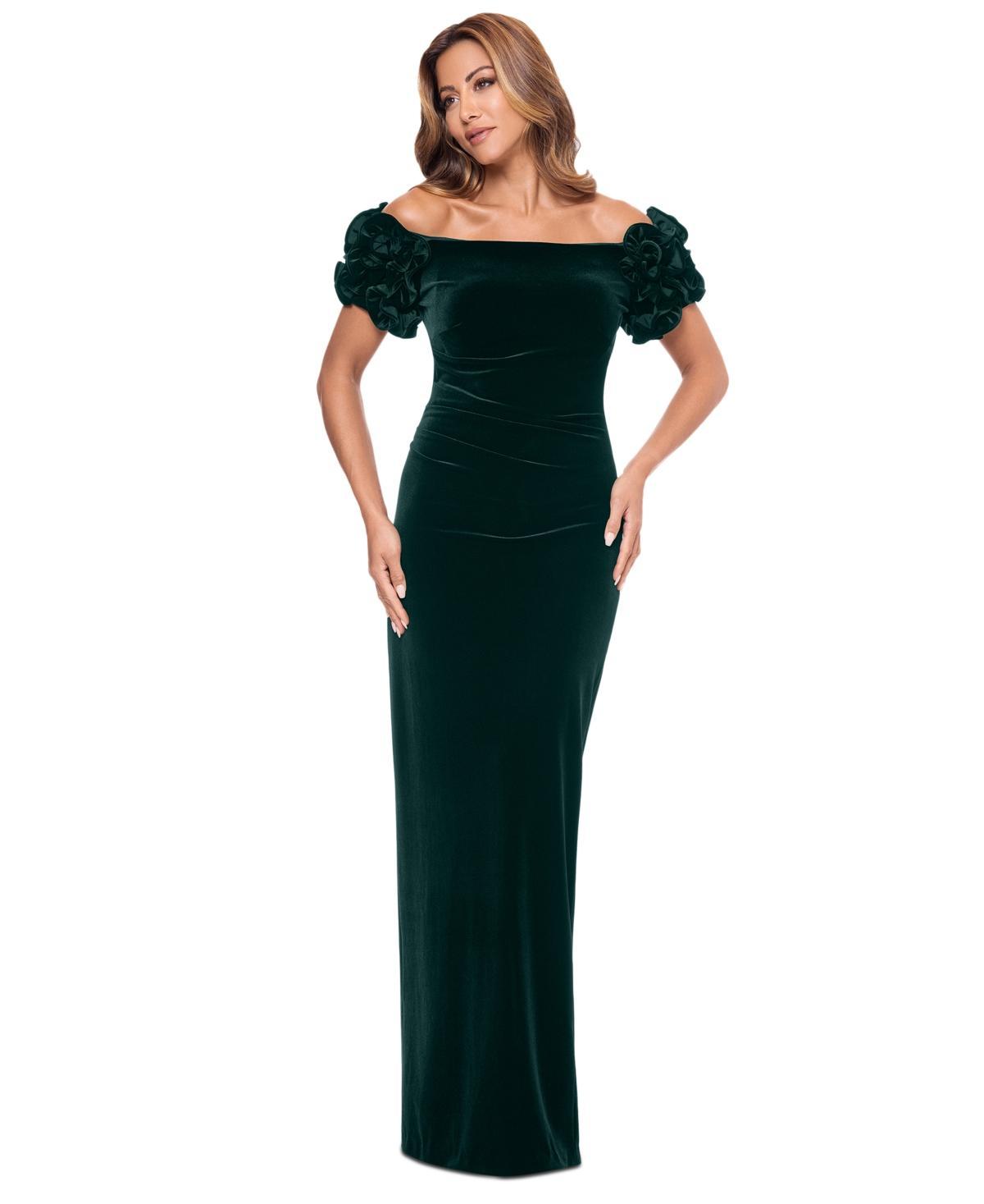 Xscape Womens Off-The-Shoulder Ruffled Velvet Gown Product Image