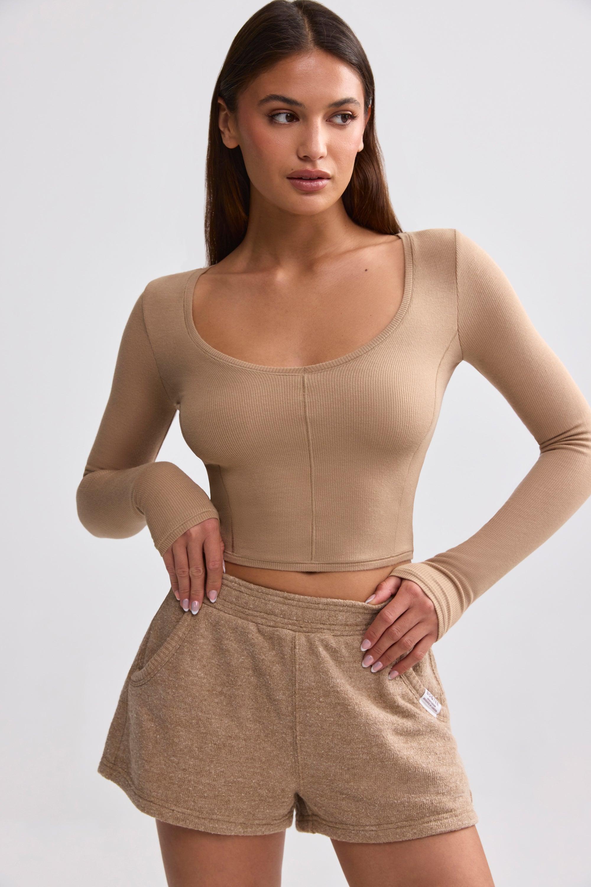 Ribbed Modal V-Neck Crop Top in Mocha Brown Female Product Image