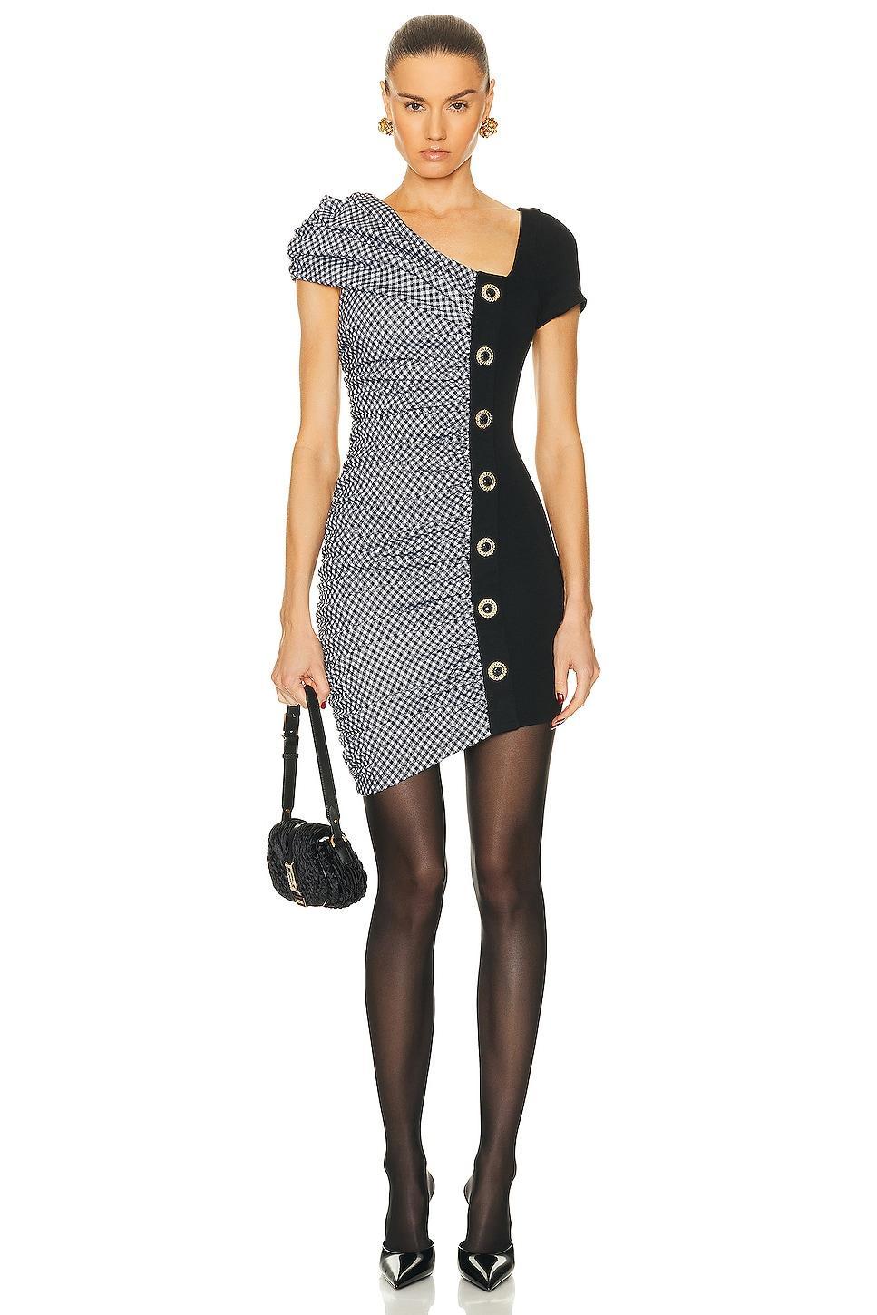 BALMAIN Short Sleeve Vichy Draped Jersey Dress Black. (also in ). Product Image