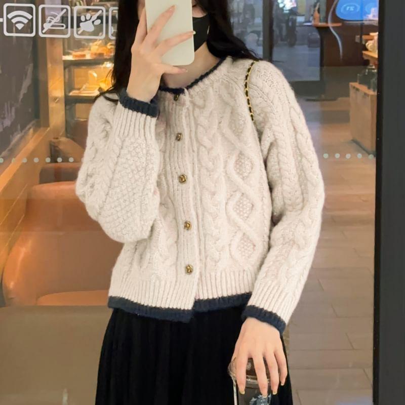 Round Neck Contrast Trim Cable Knit Cardigan Product Image