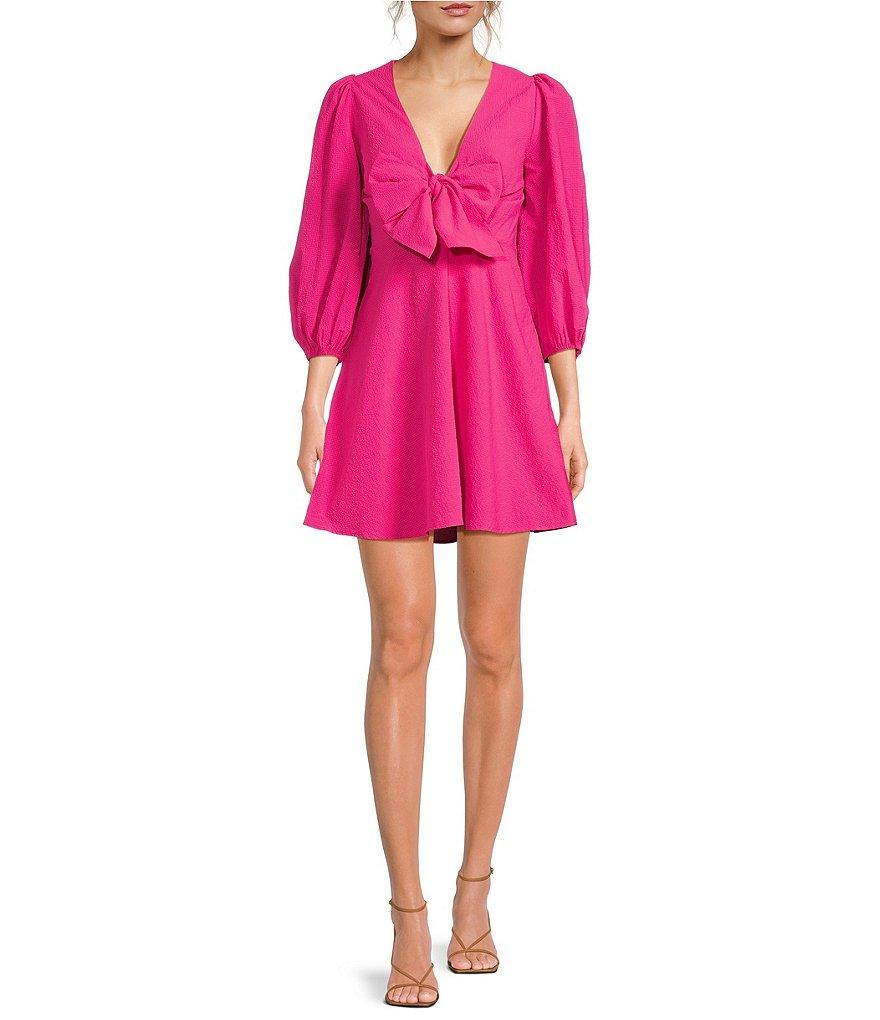 Ted Baker London Jozelyn Woven V-Neck Balloon Sleeve Center Front Bow Mini Dress Product Image