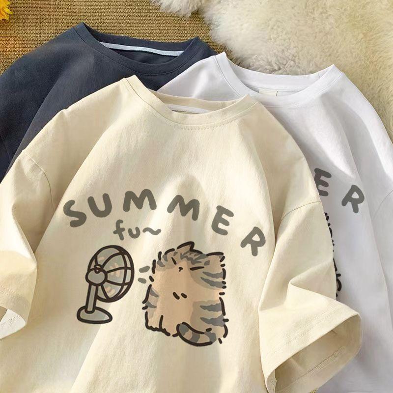 Short-Sleeve Crew Neck Cat Print T-Shirt Product Image