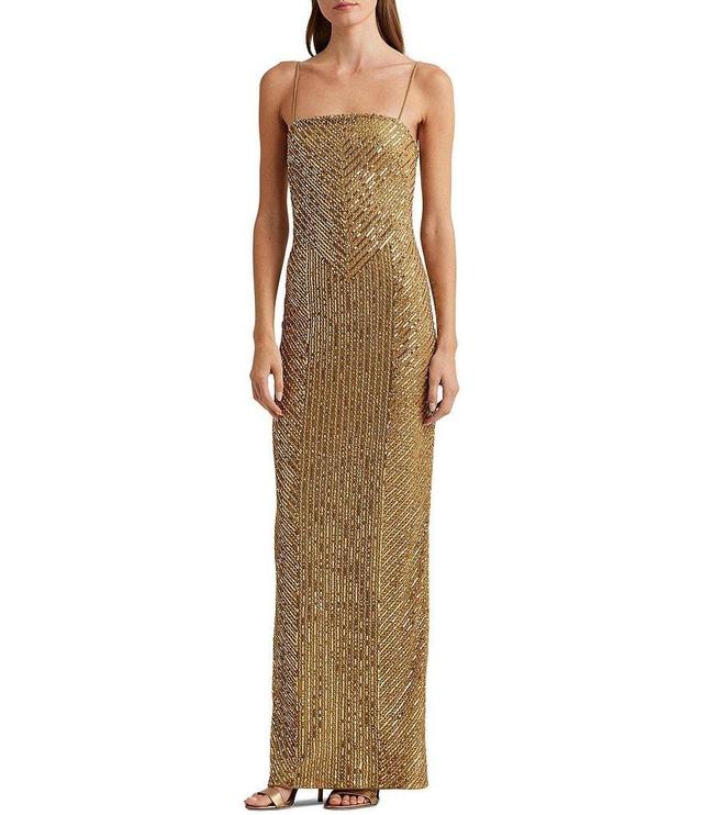 Lauren Ralph Lauren Geometric Sequin Motif Square Neck Sleeveless Spaghetti Strap Gown Product Image