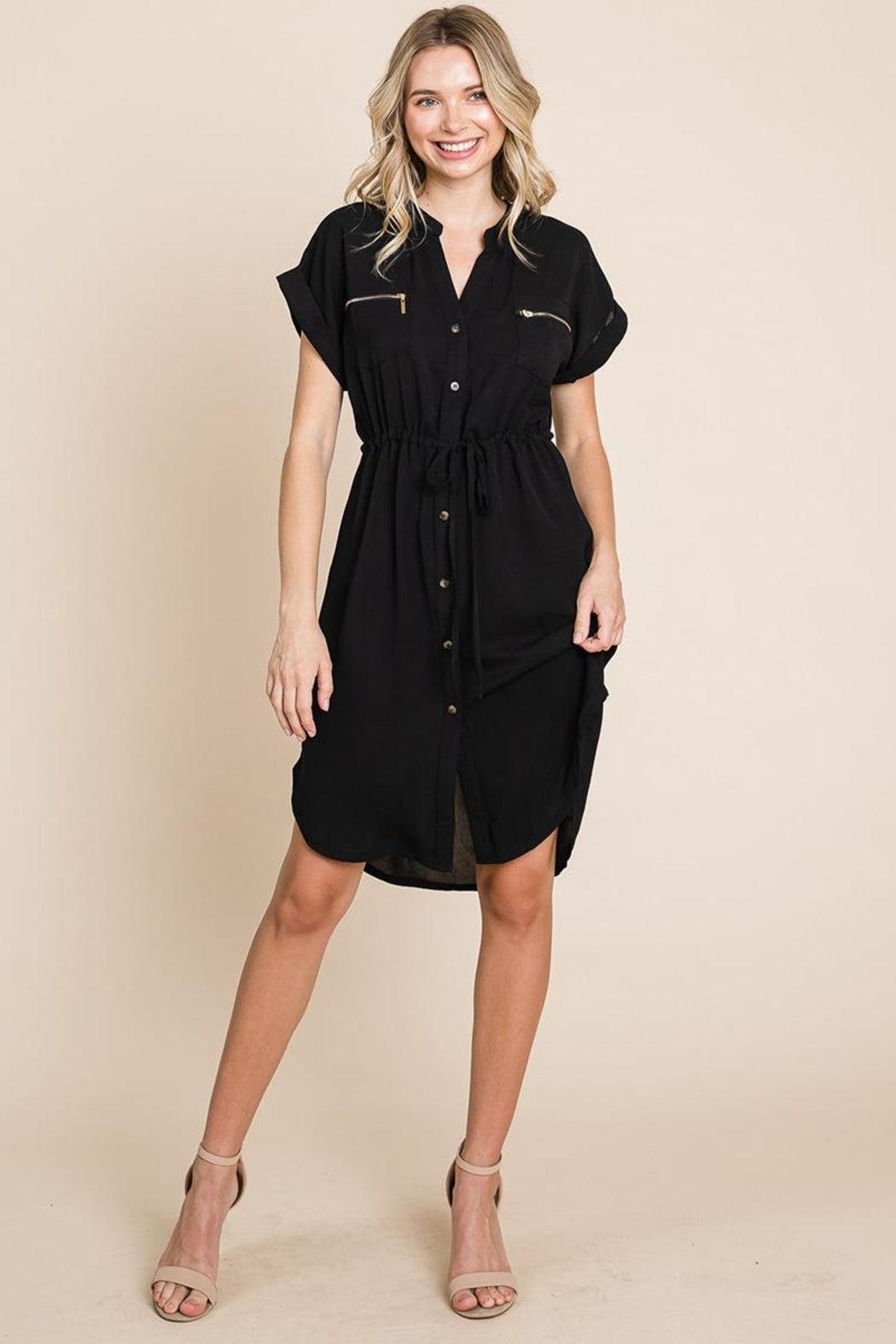 Button Up Tie Waist V Neck Shirt Dress Female Product Image