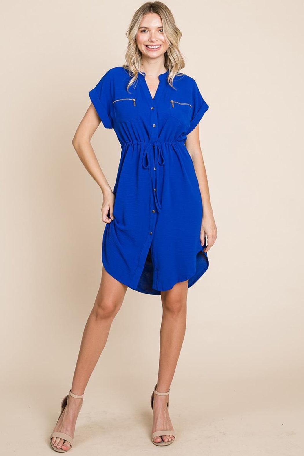 Button Up Tie Waist V Neck Shirt Dress Female Product Image