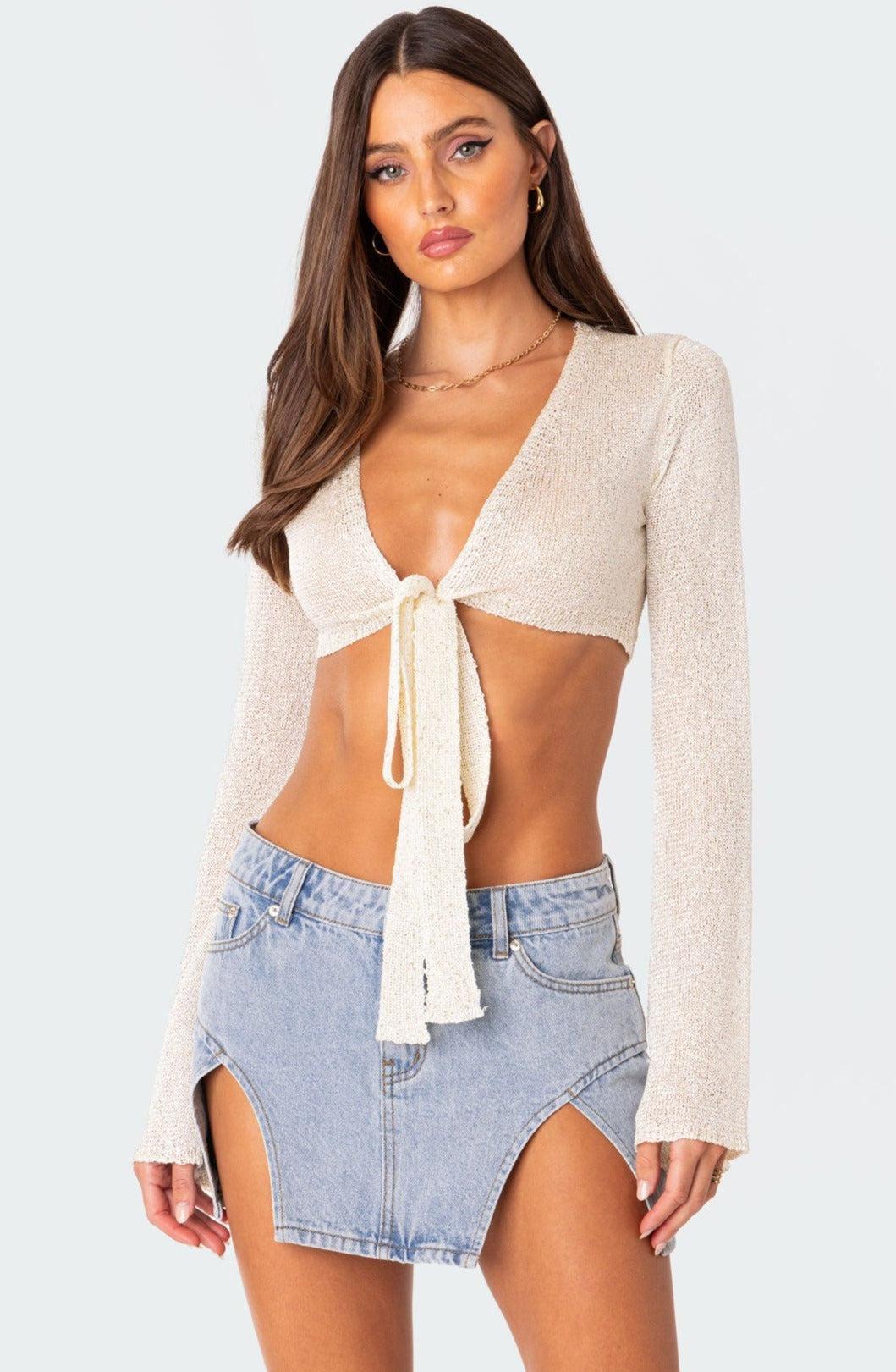 Micro Sequin Tie Front Knit Crop Top product image