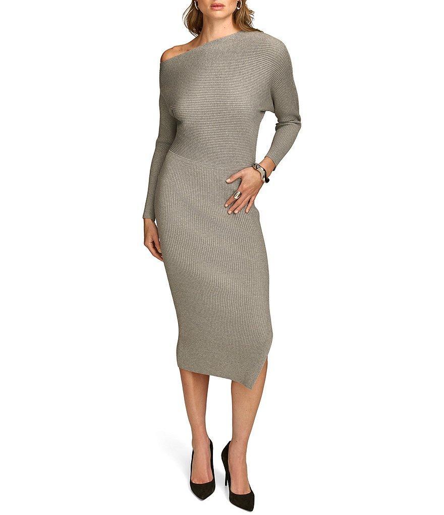 Donna Karan Sweater Knit Asymmetrical Neck Long Sleeve Sheath Dress Product Image