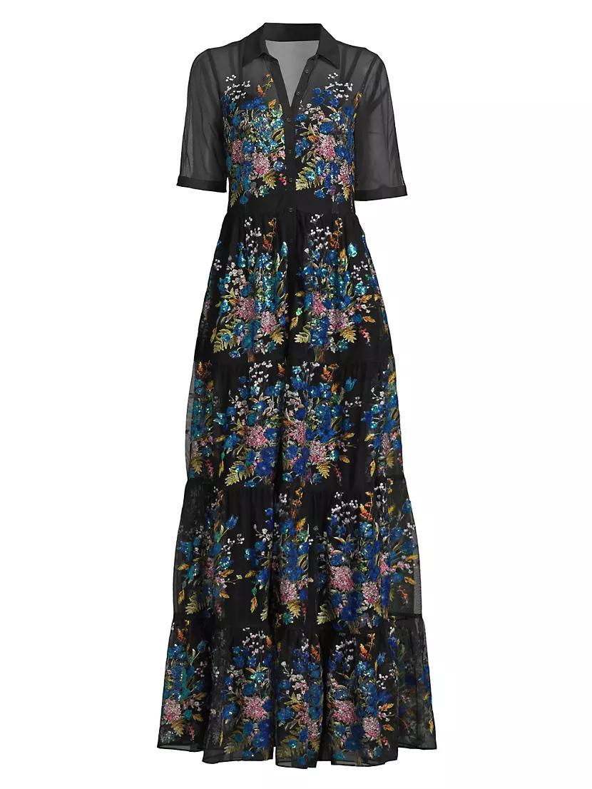 Emmeline Embellished Silk Tiered Maxi Shirtdress Product Image