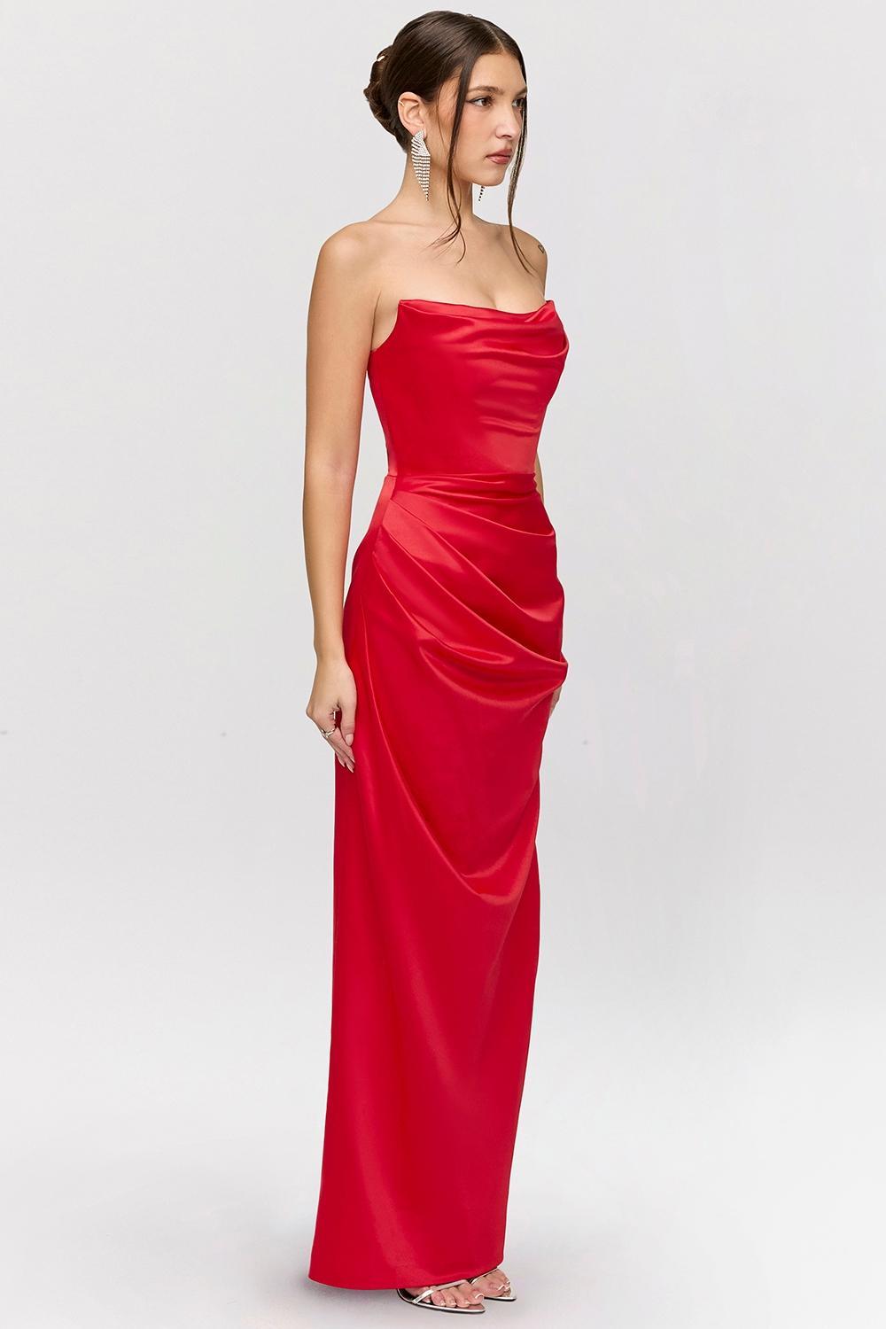 Adrienne Scarlet Satin Strapless Gown Product Image