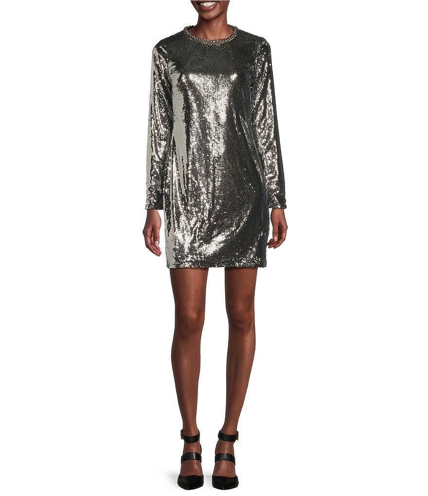 MICHAEL Michael Kors Sequin Fish Scale Knit Crew Neck Long Sleeve Sheath Dress Product Image