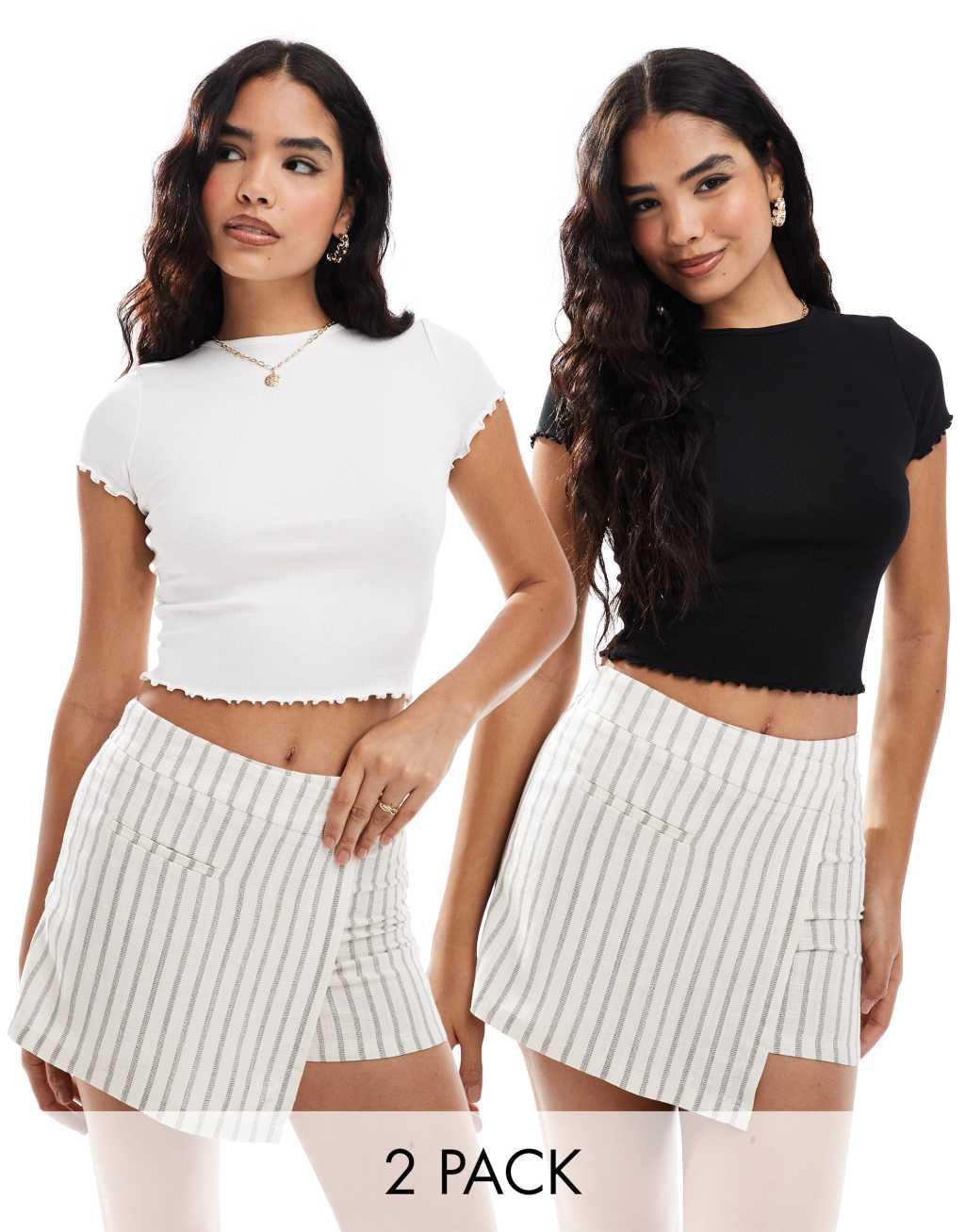 Miss Selfridge short sleeve ribbed lettuce edge t-shirt 2 pack in black and white Product Image