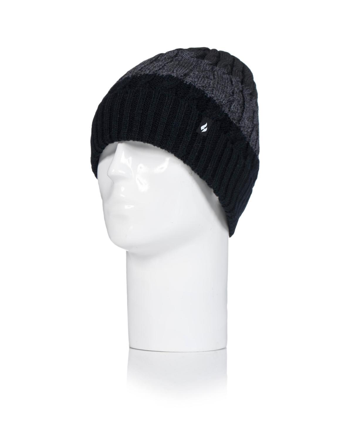 Mens Heat Holders Heatweaver Lined Striped Cable Knit Roll Up Hat, Black Grey Product Image