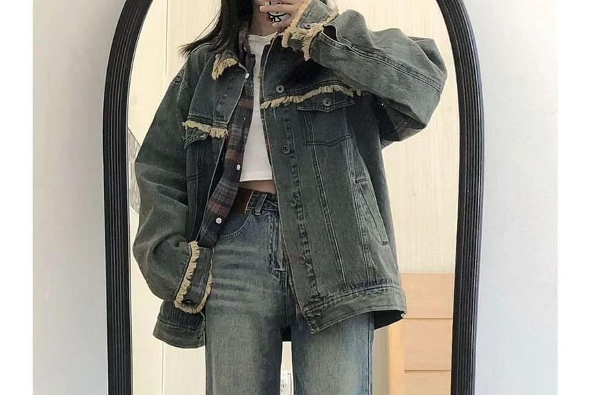 Collared Fringe Trim Washed Denim Oversized Jacket Product Image