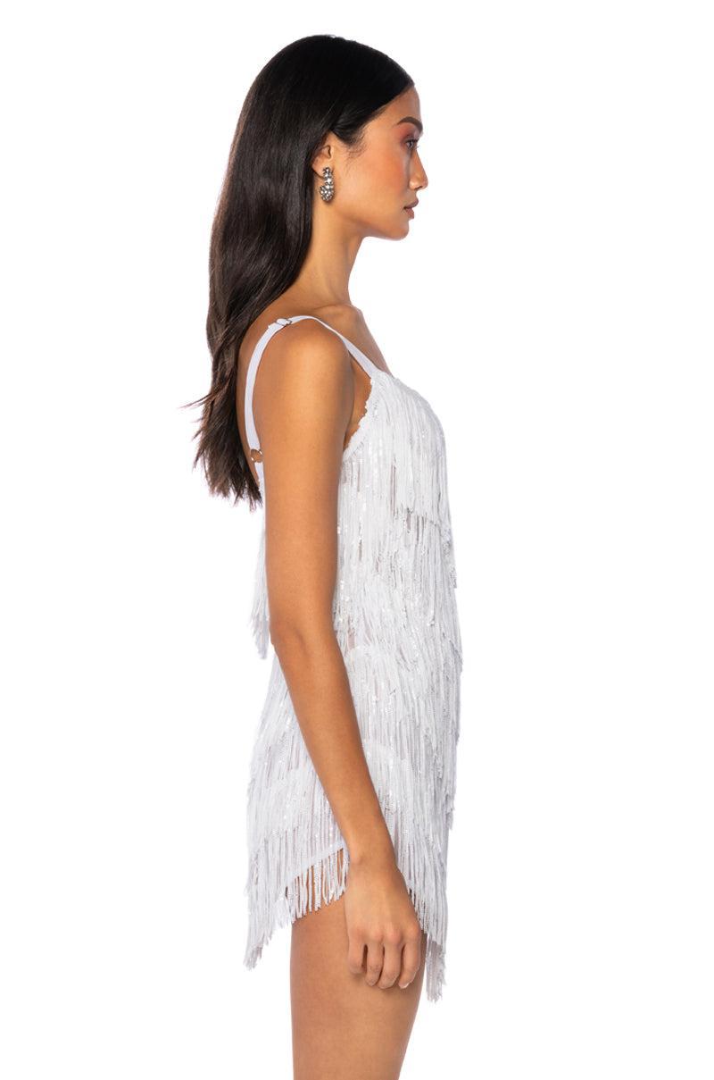 SHOW UP FRINGE MINI DRESS IN WHITE Product Image