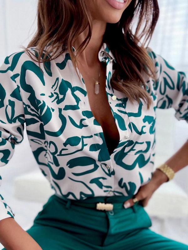 Long Sleeves Loose Printed Lapel Blouses Product Image