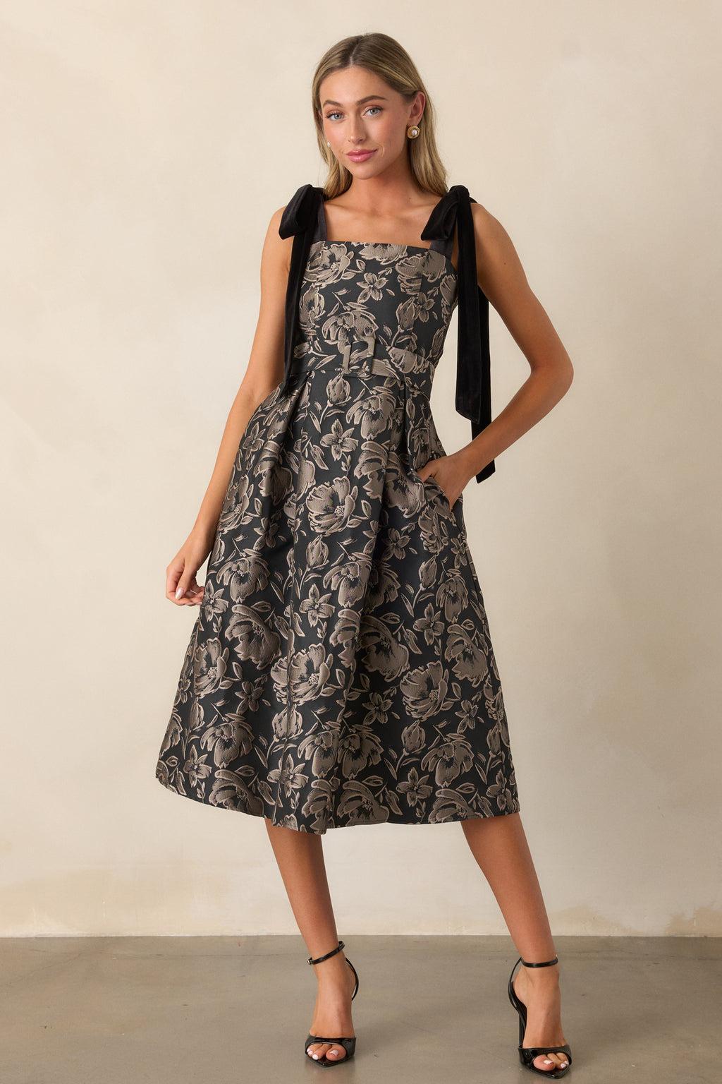 Sweet Disposition Black Floral Jacquard Midi Dress Product Image