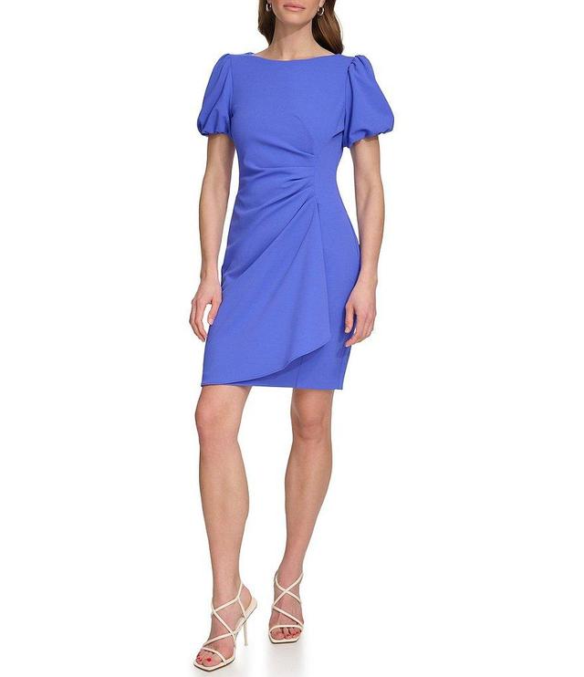 DKNY Scuba Crepe Boat Neck Short Puff Sleeve Ruched Front Mini Dress Product Image