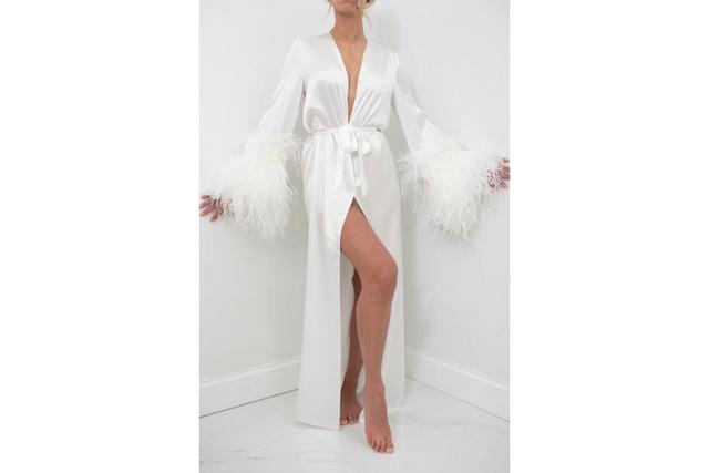 Womens Silk Long Robe - Double Ostrich Feather Sleeve Trim - Silk Collection Product Image