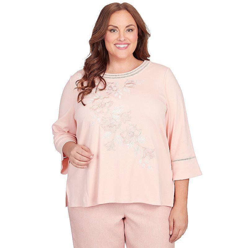 Plus Size Alfred Dunner Asymmetric Floral Flutter Sleeve Top, Womens Pink Product Image