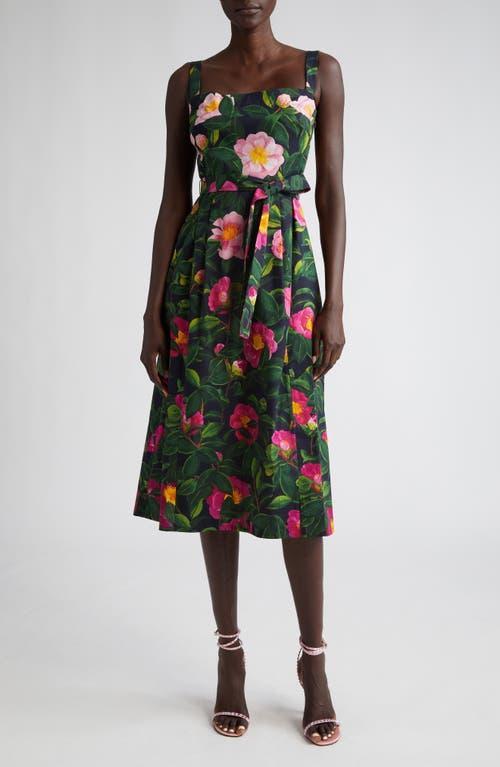 Oscar de la Renta Camellias Floral Bow Square Neck Stretch Cotton Poplin Dress Product Image