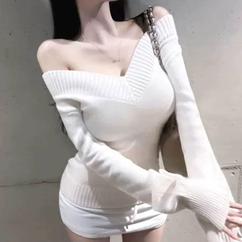 Off-Shoulder Plain Sweater Product Image