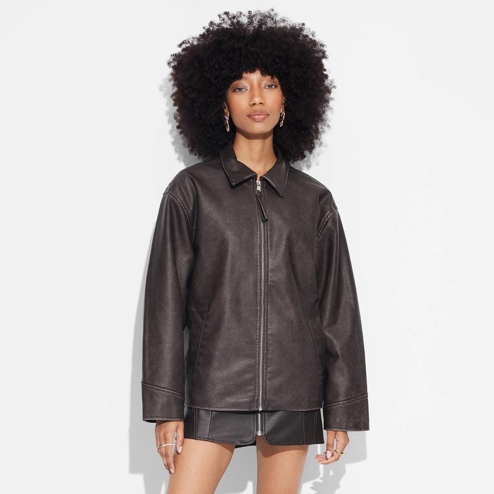 Womens Faux Leather Oversized Bomber Jacket - Wild Fable Dark Product Image