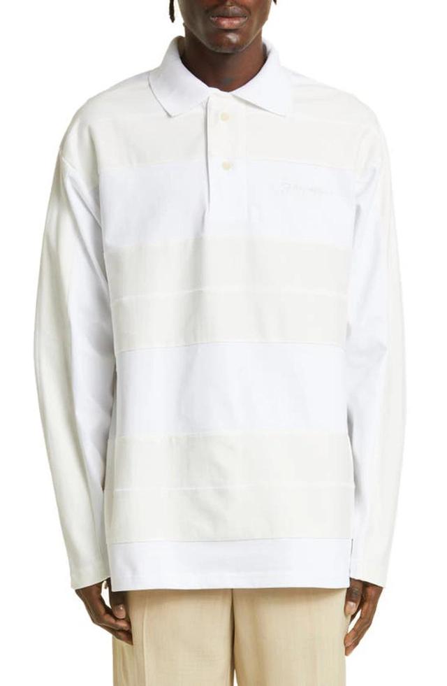 JACQUEMUS Le Polo Raye Stripe Long Sleeve Polo In Weiss Product Image