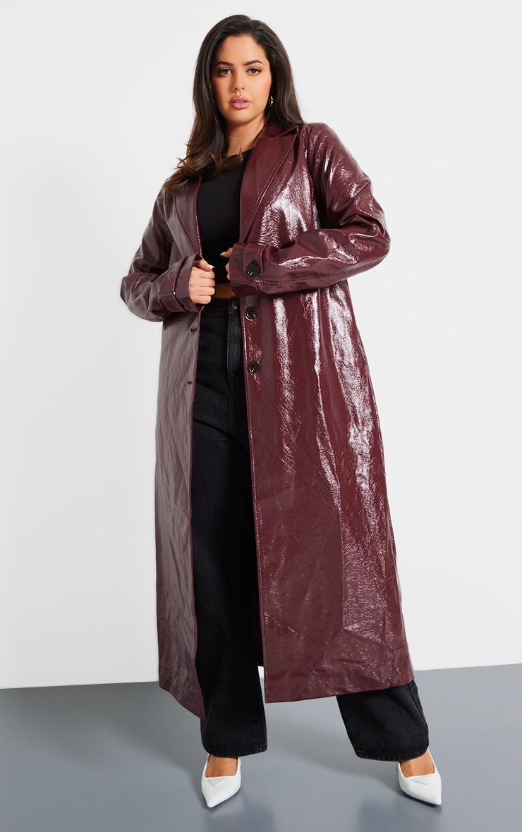 Plus Wine High Shine Textured Faux Leather Maxi Coat Product Image