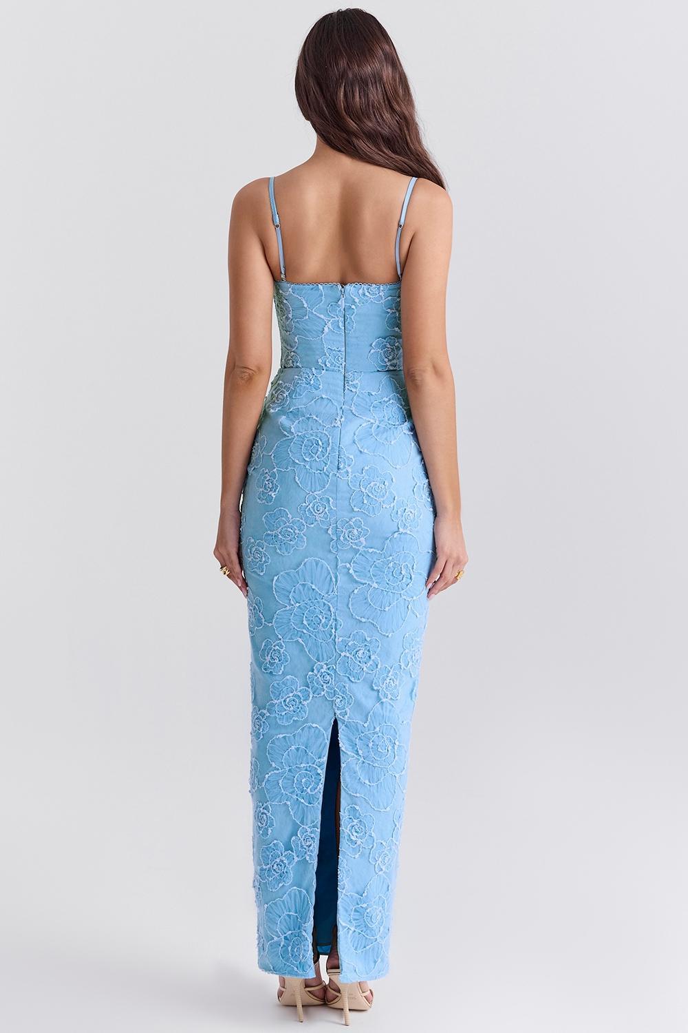 Eva Tuscan Blue Embroidered Floral Maxi Dress Product Image