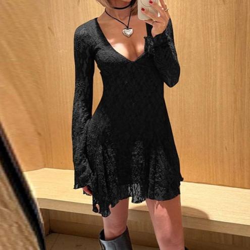 Long-Sleeve V-Neck Lace Mini A-Line Dress Product Image