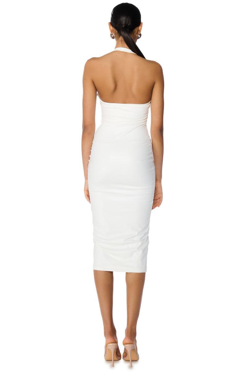 PAXTON DISCO HALTER NECK PU MIDI DRESS IN WHITE Product Image