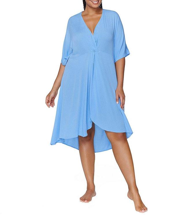 Raisins Curve Plus Size Paraiso Solid Draped V-Neck Hi-Low Hem Cover-Up Dress Product Image