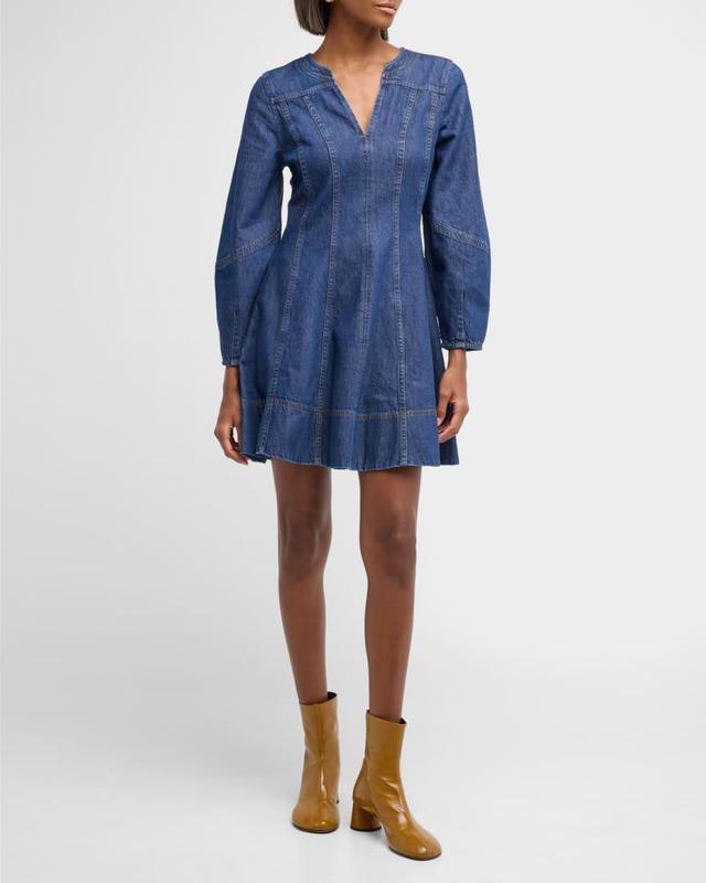 Vray Puff-Sleeve Denim V-Neck Mini Dress Product Image