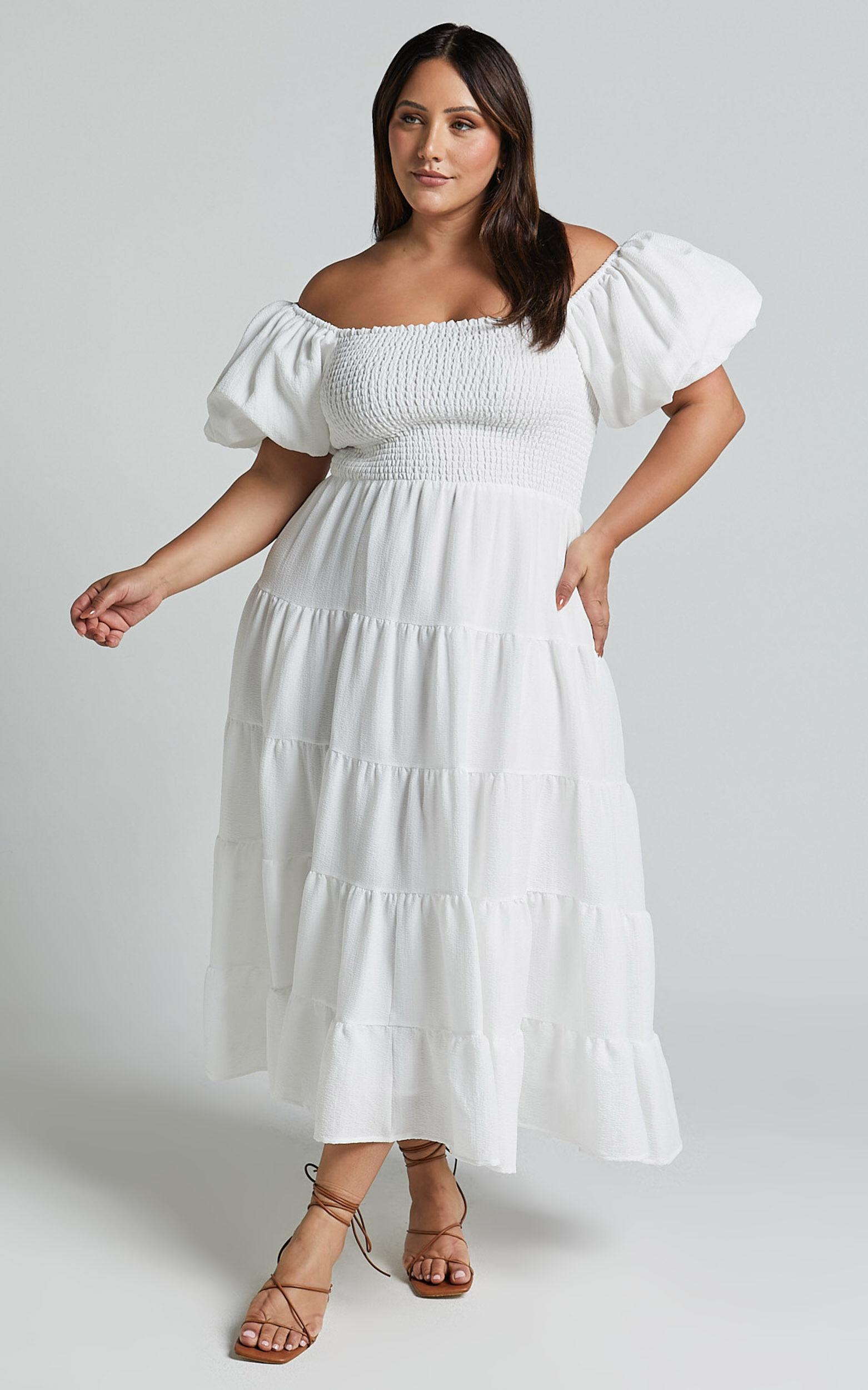 Maxima Midi Dress - Puff Sleeve Shirred Bodice Tiered Dress in White Product Image