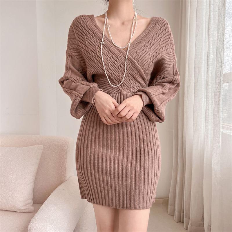 Long-Sleeve V-Neck Plain Wrap Cable Knit Mini Sweater Dress Product Image