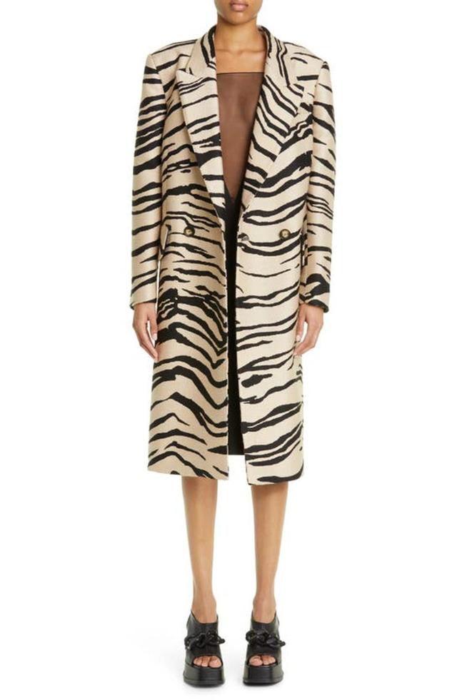 Tiger-print Padded-shoulder Regular-fit Woven Coat In Raffia Product Image