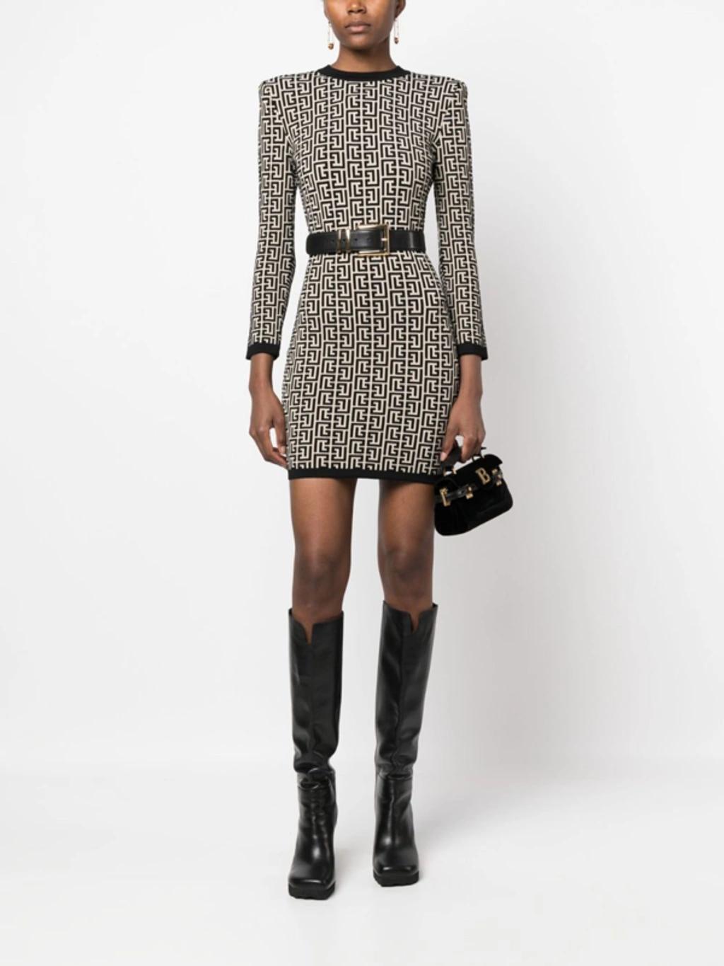 BALMAIN Back Zipped Monogram Knitted Mini Dress In Multicolor Product Image