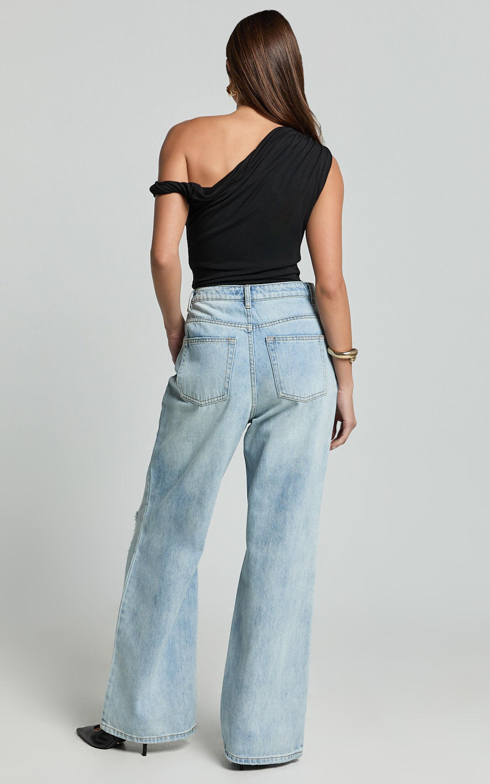 Cate Jeans - Baggy High Waist Ripped Wide Leg Recycled Denim Jeans in Light Blue Wash Product Image