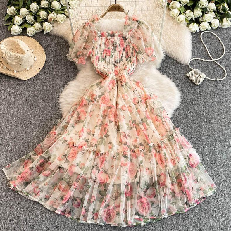 Puff-Sleeve Floral Ruffle Midi A-Line Dress Product Image