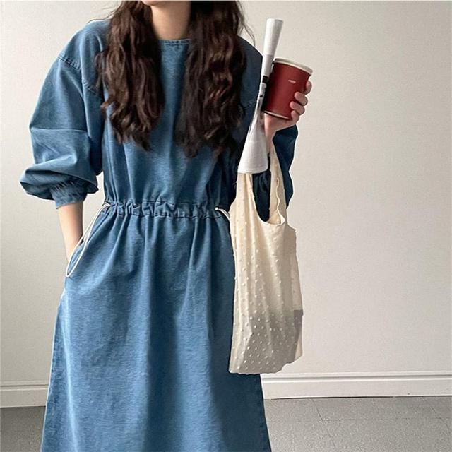 Long-Sleeve Round Neck Drawstring Waist Denim Midi A-Line Dress Product Image