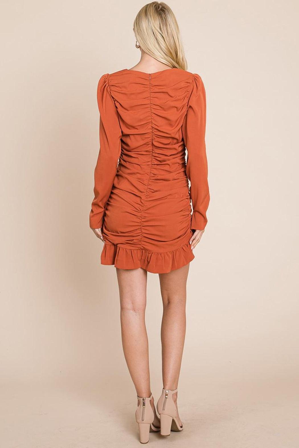 Long Sleeve Ruched Frill Hem Mini Dress Product Image