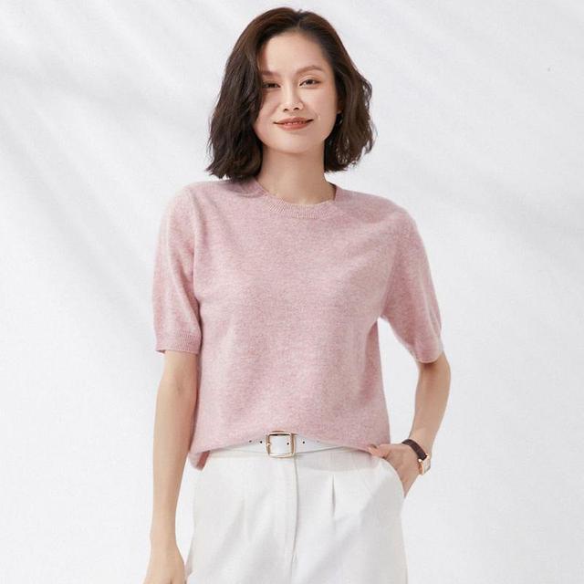 Short-Sleeve Crew Neck Plain Knit Top Product Image