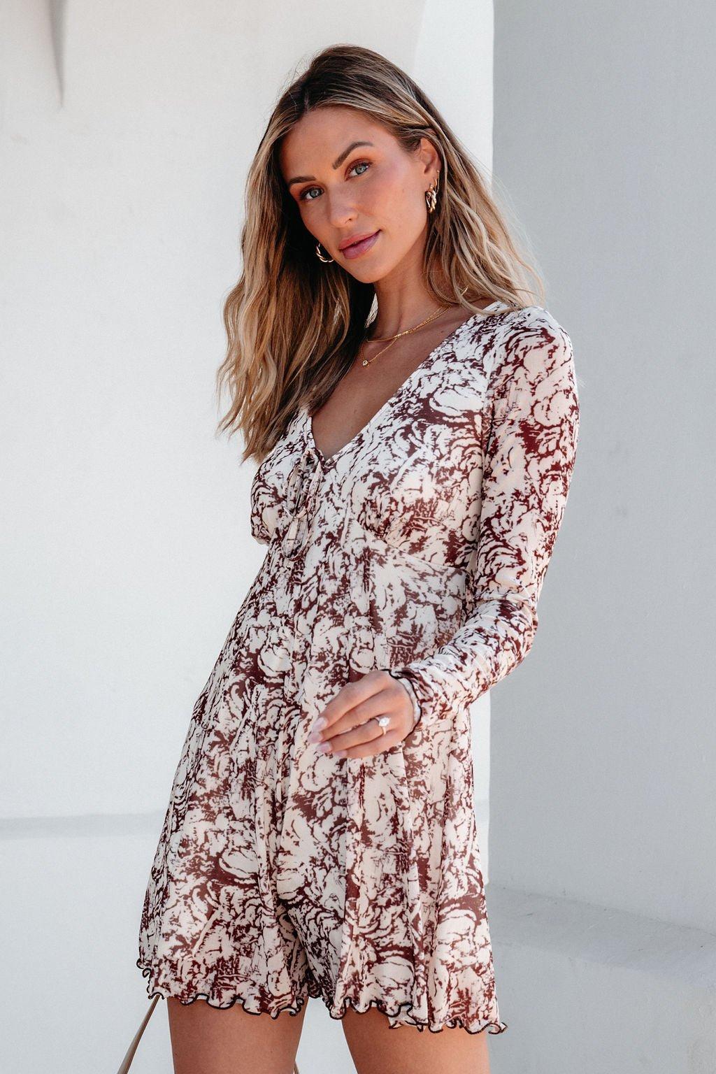 Brown Floral Print Romper Dress - DOORBUSTER Product Image