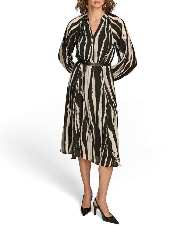 Donna Karan Printed Chiffon V-Neck Blouson Sleeve Belted A-Line Dress Product Image