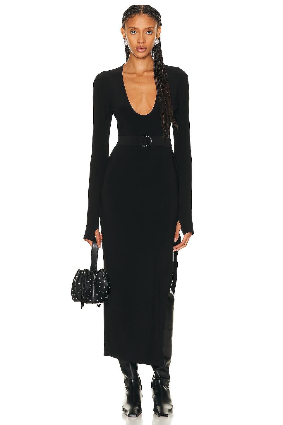 Norma Kamali Long Sleeve Deep U Neck Side Slit Gown Size M, S, XL, XXS. Product Image