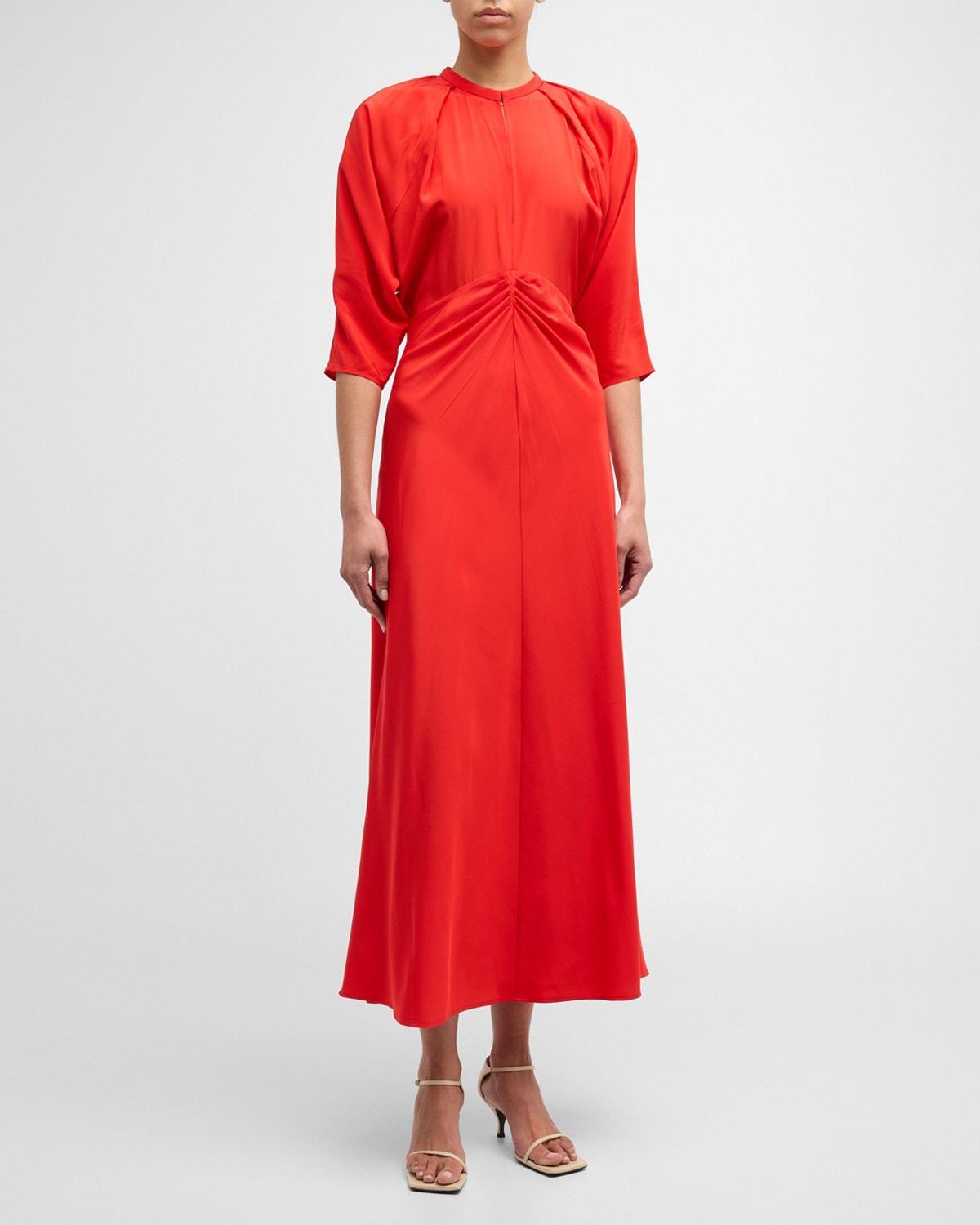 Ruched Dolman-Sleeve Silk Midi Dress Product Image