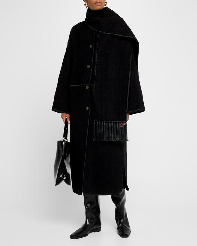 Fringe Embroidered Scarf Wool Coat Product Image