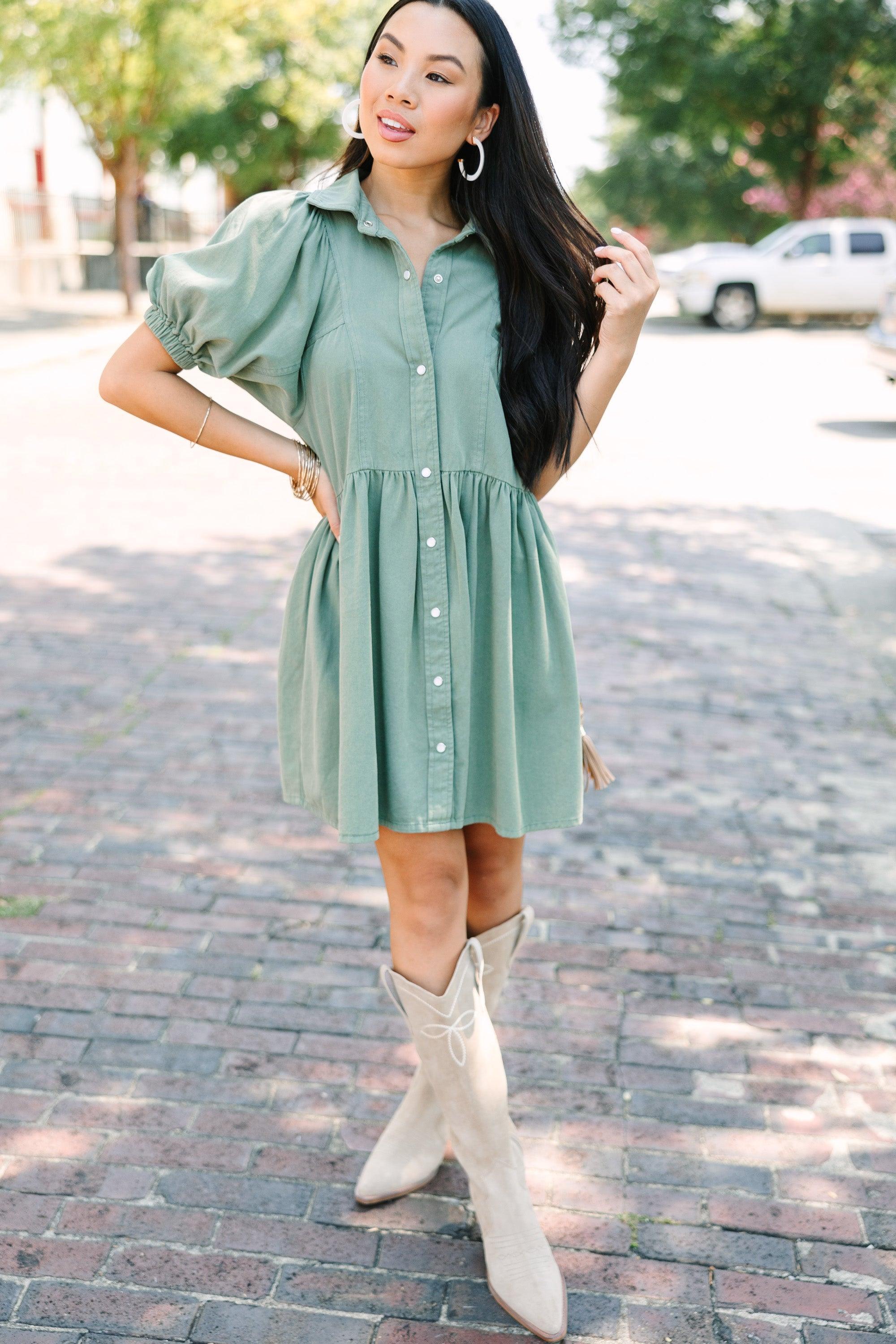 Well Known Olive Green Denim Babydoll Dress Female Product Image