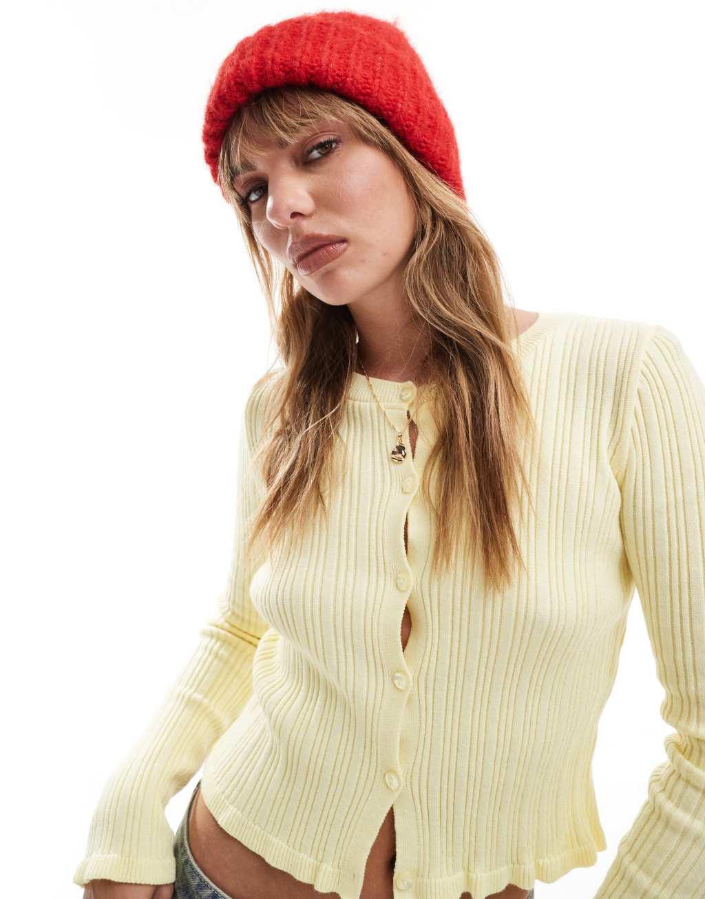 ASOS DESIGN chunky double roll fluffy beanie in red Product Image